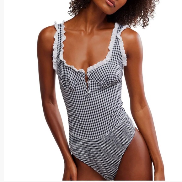 Free People Cassie Gingham Bodysuit Size L - Picture 1 of 12